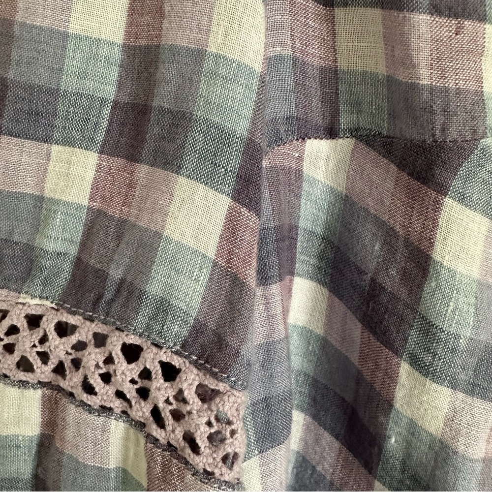 Chico’s Size 3 Crochet-Detail Gingham Linen Popover Top Purple Boho Peasant - Picture 5 of 13
